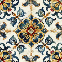 an ornate tile design with blue, yellow and red flowers on the bottom half of it