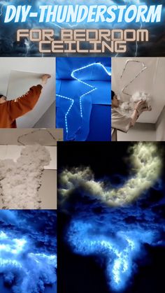 4 easy steps, DIY- Lightning Storm for your bedroom ceiling. I have compiled a list of all the items you need to create this look for a moody aesthetic to look at from your bed at night. Ceiling Storm Clouds, Thunderstorm Room Aesthetic, Storm Clouds Ceiling, Cloudy Sky Ceiling Diy, Clouds On Bedroom Ceiling, Fake Clouds With Lights, Galaxy Ceiling Diy Bedroom, Clouds On Ceiling Diy Bedroom, Glowing Cloud Ceiling