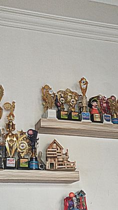 two wooden shelves with trophies on top of them