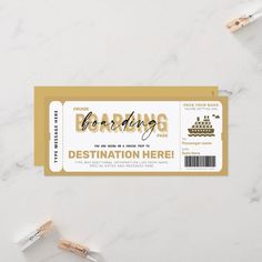 a boarding card with a boat on it and the word boarding printed in gold foil