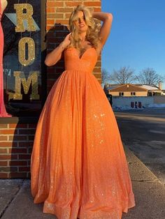 Silhouette:?A Line Waist: Natural Sleeve Length:?Sleeveless Shown Color: Orange Built-In Bra: Yes Prom Dresses Orange, Orange Formal Dresses, Orange Evening Dresses, Prom Dresses V Neck, Orange Gown, Orange Prom Dresses, Dresses Orange, Prom Dress With Train, Dresses V Neck