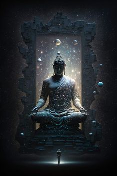 a buddha statue sitting in the middle of a space filled with bubbles and stars, surrounded by