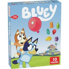 the bluey board game is shown in front of an image of two cats and a dog