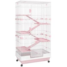 a pink and white bird cage on wheels