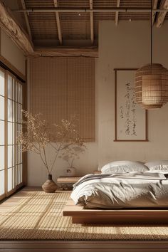 a bed sitting in a bedroom on top of a wooden floor next to a window