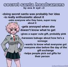 an anime character is standing with her hands on her hips and the caption reads secret santa