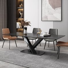 a modern dining table with chairs around it