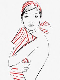 a drawing of a woman in red and white striped shirt with her arms folded over her chest