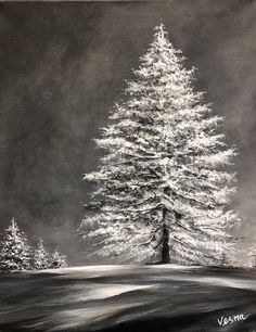 a black and white painting of a snow covered pine tree in the dark night sky