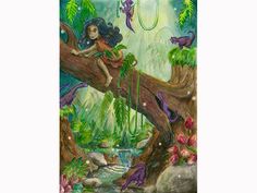 a painting of a woman sitting on a tree branch in the jungle with flowers and plants