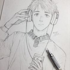 a pencil drawing of a boy listening to headphones and holding a cell phone in his hand