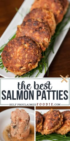 the best salmon patties are served on a white plate