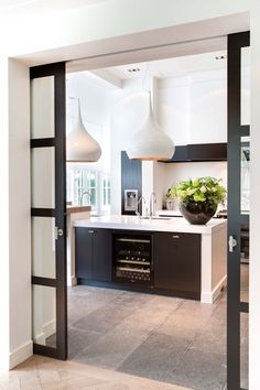 an open door leading to a kitchen with black cabinets and white counter tops, along with a potted plant in the center