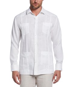 Embrace timeless Latin style in this men's guayabera shirt from the Cubavera Collection. Embroidered pintuck detailing on the front and back along with the four buttoned front pockets give this classic wardrobe staple its distinctive tropical-inspired style. This breathable linen shirt features plain weave fabrication Guayabera Hombre Outfit, Guayabera Outfit, Mens Guayabera Shirts, Smart Casual Wardrobe, Guayabera Shirt, French Cuff, Classic Wardrobe Staples, Mens Linen, Classic Wardrobe