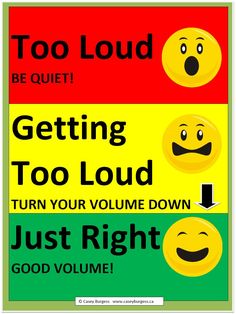 a poster with smiley faces on it that says, too loud be quiet getting too loud turn your volume down just right