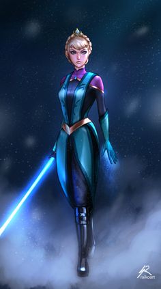 a cartoon character with a light saber in her hand