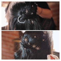 two pictures of the back of a woman's head with stars and moon decorations on it