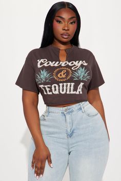 Available In Brown. Notch Neck Short Sleeve Front Screen Cropped Stretch Disclaimer: Due To The Printing Process A Difference In Saturation May Occur. Each Garment Is Unique. Self: 95% Cotton 5% Spandex Imported | Cowboys & Tequila Agave Tee Shirt in Brown size 1X by Fashion Nova Cowboys And Tequila Shirt, Brown Short Sleeve T-shirt With Graphic Print, Tequila T Shirts, Tequila Agave, Enjoy Tequila Shirt, Fashion Nova Shirts & Tops, Tequila Shirt, Brown Fashion, Matching Dresses