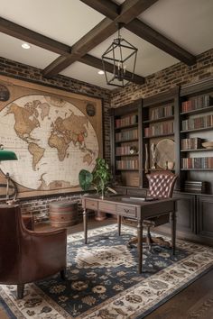 a living room with a large world map on the wall and leather chair in front