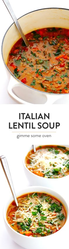 italian lentil soup in a white bowl with two spoons