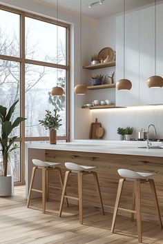 a kitchen with white counter tops and wooden stools in front of a large window