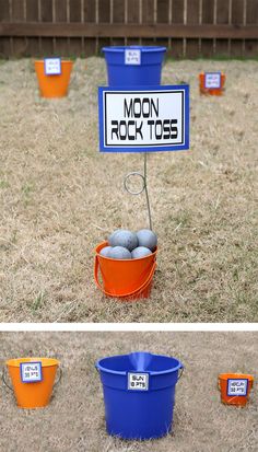 an orange and blue bucket filled with eggs next to a sign that says moon rock toss