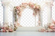 an arch decorated with flowers and statues in front of a white wall transparent background png