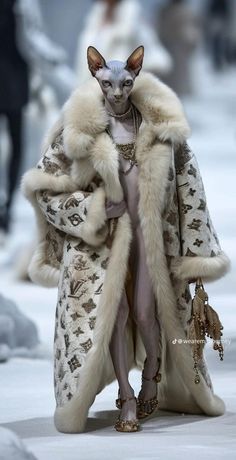 a cat in a fur coat walking down the runway