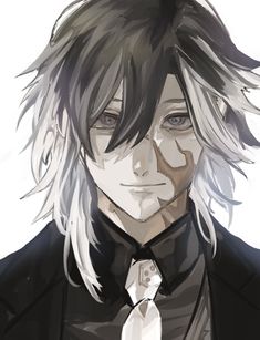 an anime character with long white hair wearing a black suit and tie, looking at the camera