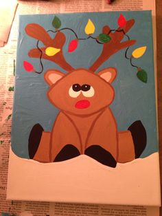 a painting of a reindeer with christmas lights on it's antlers sitting in the snow