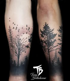 two people with trees and birds on their legs, both showing the same tattoo style