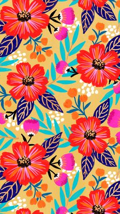 an orange and blue flower pattern on a yellow background