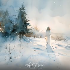 a painting of a woman walking in the snow with trees behind her and watercolor on paper