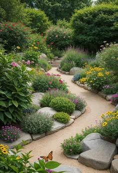 a garden with lots of flowers and rocks in the middle, along with a butterfly