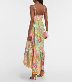 Printed ruffled silk midi dress in multicoloured - Camilla | Mytheresa Elegant Midi Dress With Ruffle Hem For Vacation, Multicolor Silk Sundress, Chic Silk Summer Maxi Dress, Silk Sundress Maxi Dress For Vacation, Chic Silk Maxi Dress For Summer, Silk Midi Dress With Ruffle Hem For Evening, Chic Multicolor Viscose Midi Dress, Multicolor Sleeveless Silk Midi Dress, Multicolor Silk Sleeveless Midi Dress