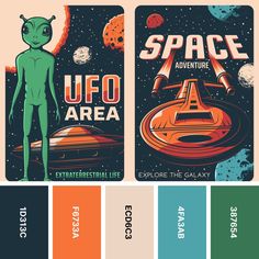 two space themed bookmarks with an alien standing in front of a spaceship and the words,