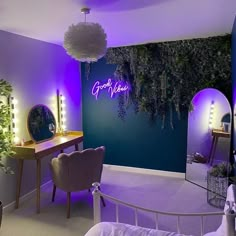 a bedroom with purple lighting and plants on the wall