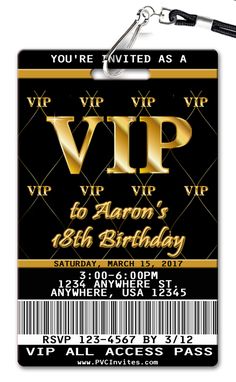 a black and gold birthday party ticket with a name tag attached to the front of it