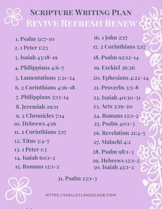 a purple and white poster with the words, bible writing plan for retrive refresh