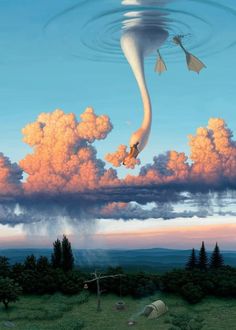 a painting of a bird flying in the sky with clouds and trees around it,