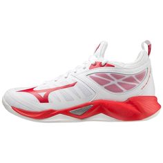 a white and red tennis shoe on a white background