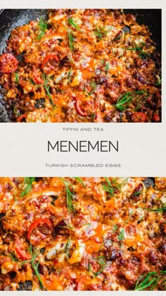 a pan filled with meat and vegetables on top of a wooden table next to the words menemen