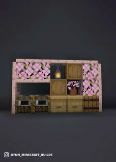 an image of a kitchen in minecraft with pink flowers on the window sill