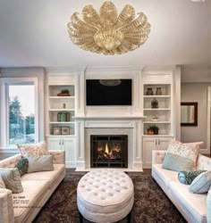 a living room filled with furniture and a fire place in front of a flat screen tv