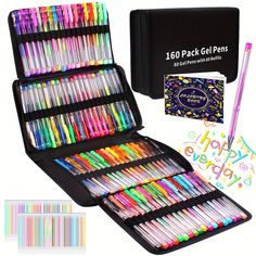 an open case filled with lots of different colored pens and pencils next to it's contents