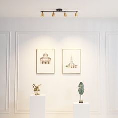 three white pedestals with plants on them in front of two framed pictures hanging on the wall