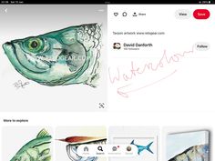 a screen shot of a web page with fish drawings and other items on the site