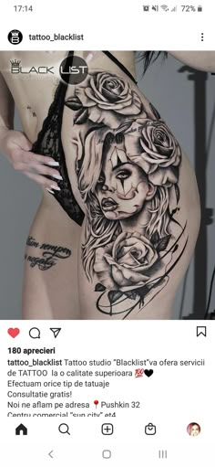 a woman's stomach with tattoos on it, and an image of roses in the background