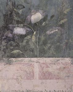 an image of a painting with flowers on it's side and leaves in the background