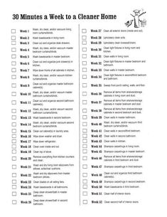 a printable cleaning checklist with the words 30 minutes a week to a cleaner home